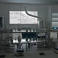 Modern Laboratory With Organized Lab Benches Beakers Flasks Fume Hood And Large Screen Displaying Data