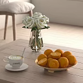 Fresh Oranges On Plate With Coffee Cup And White Roses In Vase On Wooden Table