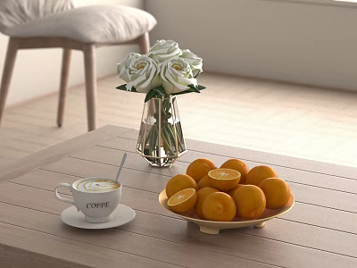 Fresh Oranges On Plate With Coffee Cup And White Roses In Vase On Wooden Table 3d model