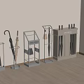 Modern Transparent And Metal Umbrella Stands With Umbrellas On Wooden Floor
