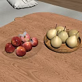 Fresh Red Apples and Yellow Pears on Glass and Wooden Plates on Wooden Table