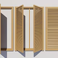 Wooden Window Shutters in Various Open and Closed Positions Against White Wall