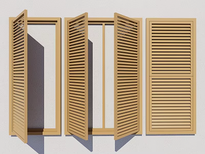 Wooden Window Shutters in Various Open and Closed Positions Against White Wall 3d model