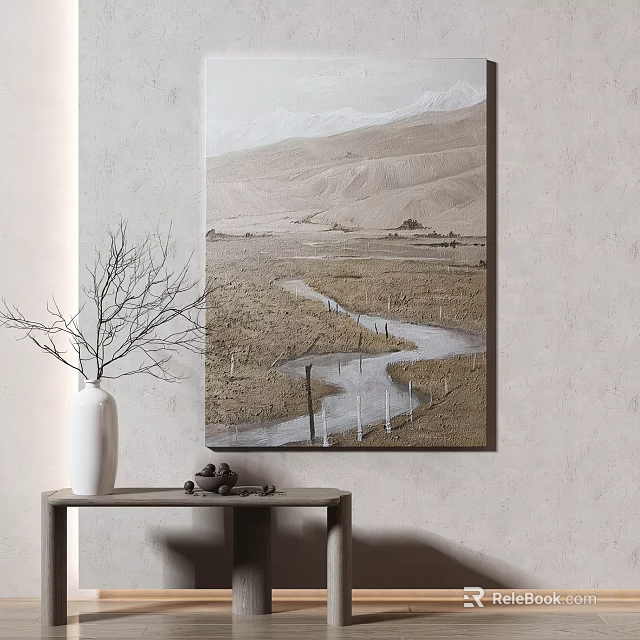 Natural Landscape Painting With Winding Path Open Fields And Distant Mountains 3d model