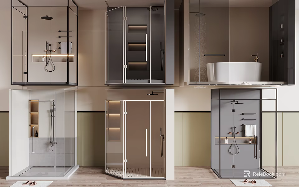 Elegant Modern Shower Sauna Design With Glass Doors Storage Shelves Chrome Fixtures And Wooden Base 3d model 