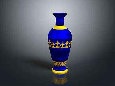 Elegant Blue and Yellow Ceramic Vase With Golden Decorative Patterns and Ornate Bands 3d model