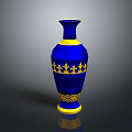 Elegant Blue and Yellow Ceramic Vase With Golden Decorative Patterns and Ornate Bands