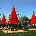 White Conical Garden Features With Wooden Frames Platforms Tables And Chairs On Grass