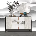 Chinese Style Console Table and Side Cabinet with Mountain Landscape Wall Round Mirror and Vase