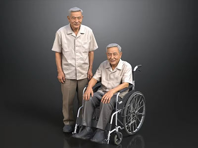 Two Elderly Men Standing And Sitting In Wheelchair With Light Colored Shirts Against Gray Background 3d model