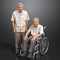 Two Elderly Men Standing And Sitting In Wheelchair With Light Colored Shirts Against Gray Background