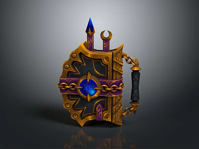 Fantasy Weapon Shield Design With Ornate Golden Decor Blue Gemstone And Chain Details 3d model