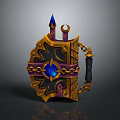 Fantasy Weapon Shield Design With Ornate Golden Decor Blue Gemstone And Chain Details