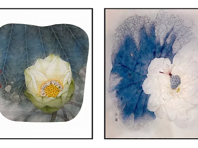 Artistic Botanical Paintings Featuring White Lotus Flowers And Green Blue Leaves 3d model