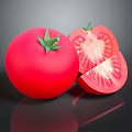 Fresh Ripe Red Tomato Whole And Sliced With Green Leaves On Black Background