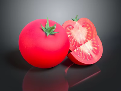 Fresh Ripe Red Tomato Whole And Sliced With Green Leaves On Black Background 3d model Fresh Ripe Red Tomato Whole And Sliced With Green Leaves On Black Background 3d model