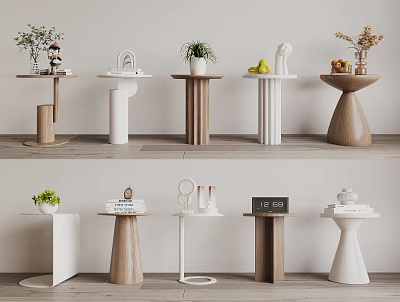 Diverse Design Side Tables With Wooden White Bases And Decorative Plants Fruits Books 3d model