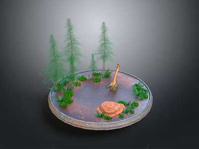 Dinosaur Standing On Circular Platform With Tall Trees Small Pond Green Plants And Red Rock 3d model