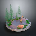 Dinosaur Standing On Circular Platform With Tall Trees Small Pond Green Plants And Red Rock