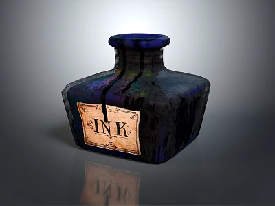 Vintage Deep Blue Glass Ink Bottle With Old Label And INK Text On Glossy Surface 3d model