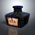 Vintage Deep Blue Glass Ink Bottle With Old Label And INK Text On Glossy Surface