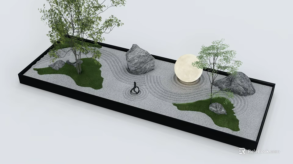 Modern Zen Garden With Sand Rocks Moon Decor Small Trees Moss Lawn And Circular Path 3d model 