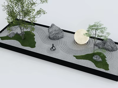 Modern Zen Garden With Sand Rocks Moon Decor Small Trees Moss Lawn And Circular Path 3d model