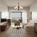 Living And Dining Room Interior With Beige Sofa Black White Geometric Rug Rocking Chair Chandelier
