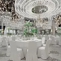 Elegant Banquet Hall With Chandeliers White Tables Green Floral Decorations And Central Flower Pathway