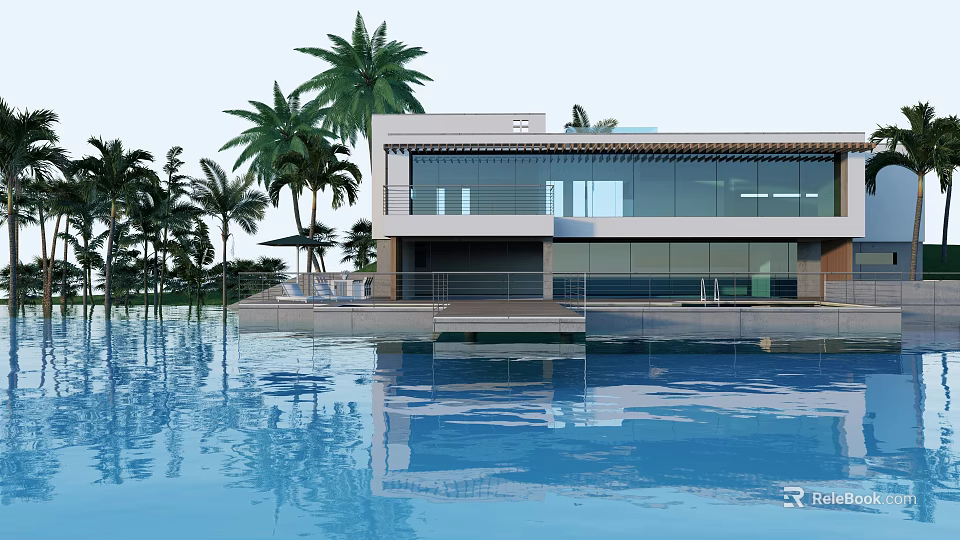 Modern Detached Villa Exterior Design With Palm Trees Pool And Glass Facade 3d model 
