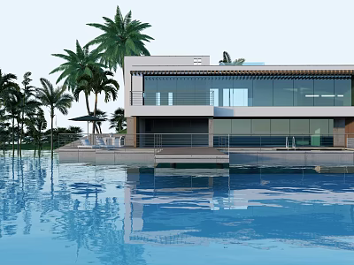 Modern Detached Villa Exterior Design With Palm Trees Pool And Glass Facade 3d model