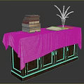 Dark Wooden Cabinet With Patterned Tablecloth Stack Of Books And Vase Plant