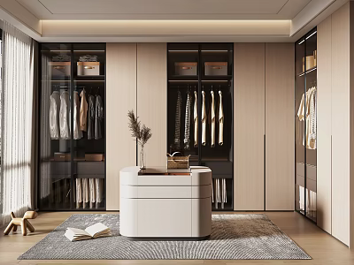 Modern Walk In Closet Interior With Glass Fronted Cabinets Hanging Clothes And Central White Island 3d model