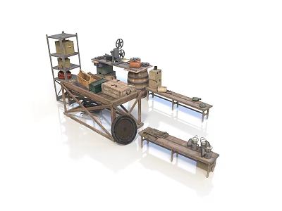 Vintage Wooden Mobile Multi Tiered Storage Shelving Unit With Tools And Industrial Design 3d model