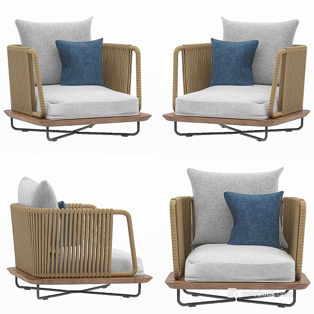 Single Sofa With Wicker Armrests Light Gray Cushions And Blue Throw Pillows 3d model