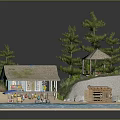 Cartoon Beach Scene With Thatched Hut Trees Boat Umbrella And Water Decorations