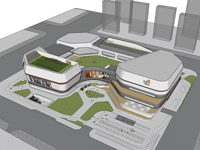 Modern Commercial Complex With Green Roof Connected Buildings And Central Open Plaza 3d model