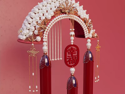 Exquisite Chinese Traditional Jewelry With Pearl Decorations Golden Frames Red Tassels And Fu Symbols 3d model