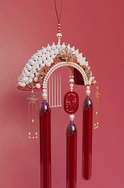 Exquisite Chinese Traditional Jewelry With Pearl Decorations Golden Frames Red Tassels And Fu Symbols 3d model