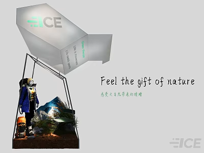 ICE Live Stream Showcasing Eco Humanistic Fashion Exhibition With Clothing Mountain View And Green Plants 3d model