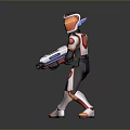 Futuristic Game Character In White And Orange Armor Holding Weapon In Combat Stance