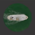 Wooden Boat With White Canopy And Black Chimney Floating On Green Water