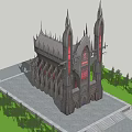 Gothic Style Building With Tall Spires Red Windows And Trees Around Steps