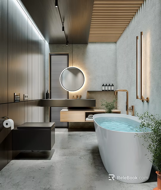 Modern Bathroom Design With Freestanding Bathtub Round Backlit Mirror Gray Concrete Walls And Brass Fixtures 3d model 