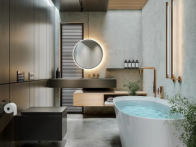 Modern Bathroom Design With Freestanding Bathtub Round Backlit Mirror Gray Concrete Walls And Brass Fixtures 3d model