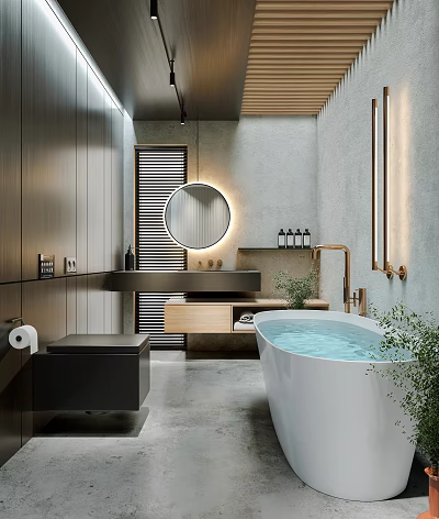 Modern Bathroom Design With Freestanding Bathtub Round Backlit Mirror Gray Concrete Walls And Brass Fixtures 3d model