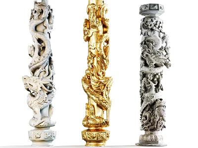 Exquisite Sculptural Dragon Columns With Gold And White Marble Intricate Carvings 3d model