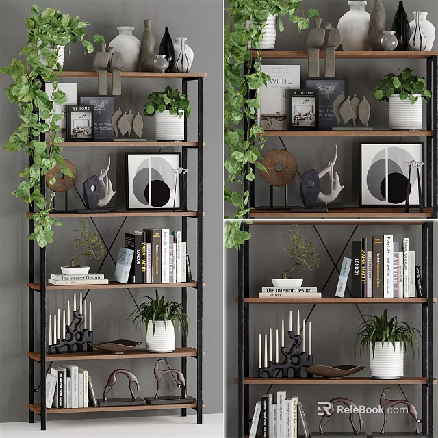 Stylish Shelving Unit with Green Plants Decorative Ornaments Books and Photo Frames 3d model 