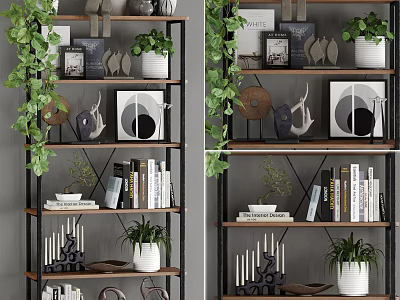 Stylish Shelving Unit with Green Plants Decorative Ornaments Books and Photo Frames 3d model