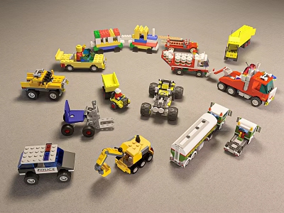 Colorful Building Blocks Toy Vehicles Including Trucks Police Car Fire Engine And Ambulance 3d model